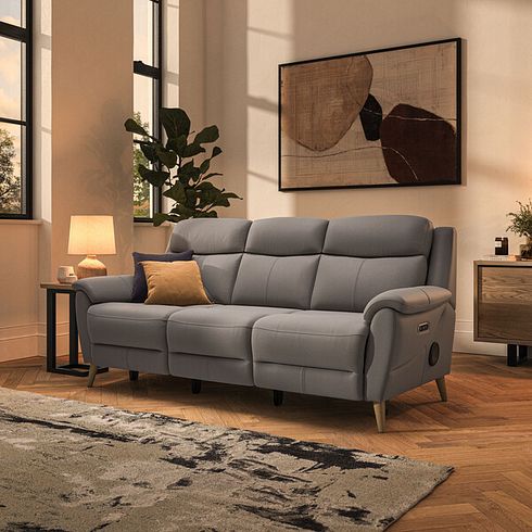 Brunel 3 Seater Recliner Sofa with Speakers in Oyster Leather