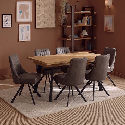 Cambridge Natural Solid Oak Rectangle Dining Table with 6 Mia Chairs in Cedar Fabric