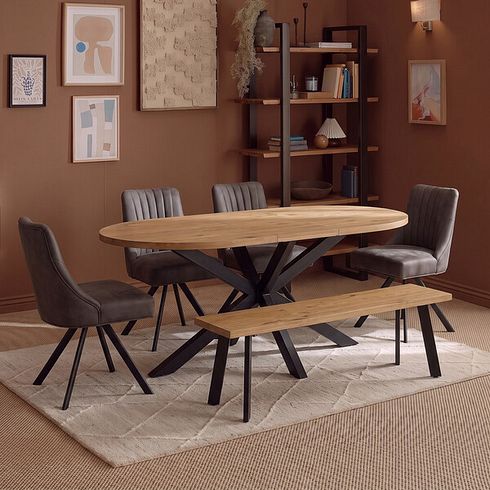 Cami Natural Solid Oak Oval Dining Table with 1 Cam Bench and 4 Mia Chairs in Cedar Fabric