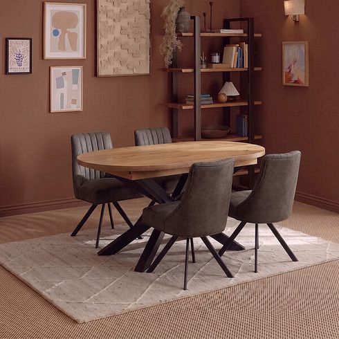 Cami Natural Solid Oak Oval Dining Table with 4 Mia Chairs in Cedar Fabric