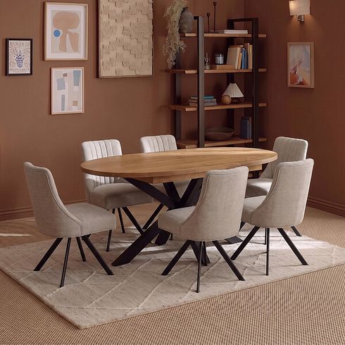 Cami Natural Solid Oak Oval Dining Table with 6 Mia Chairs in Champagne Fabric