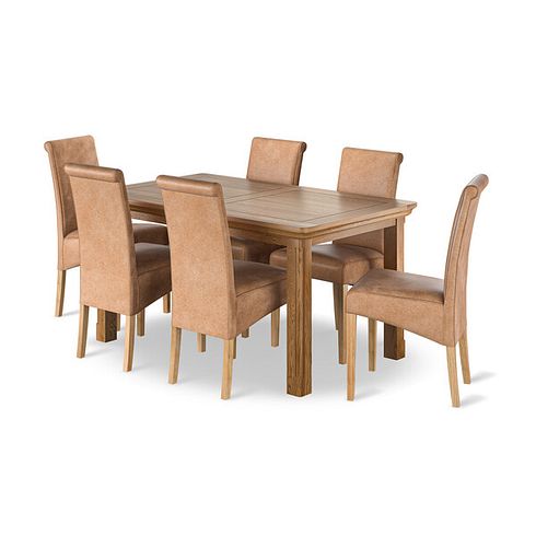 Canterbury Natural Oak Extending Dining Table + 6 Scroll Back Chairs in Vintage Tan Leather Look Fabric with Oak Legs