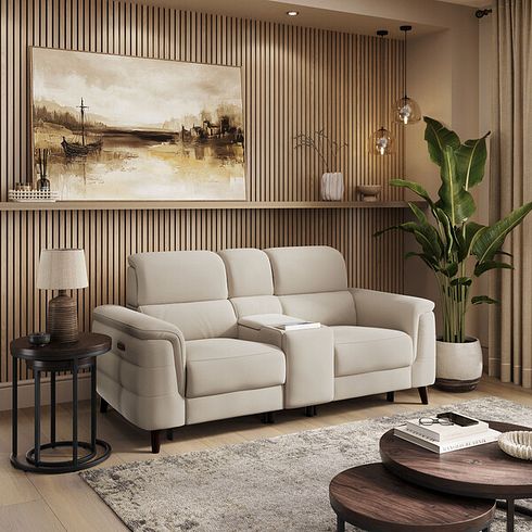 Cassius 2 Seater Power Recliner Console Sofa with Smart Screen and Speakers in Bella Barley White Fabric