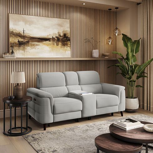 Cassius 2 Seater Power Recliner Console Sofa with Smart Screen and Speakers in Bella Lead Grey Fabric
