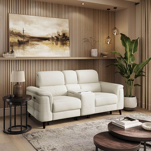 Cassius 2 Seater Power Recliner Console Sofa with Smart Screen and Speakers in Bone China Leather
