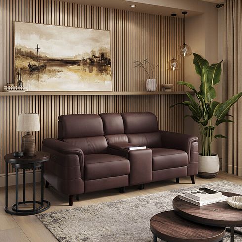 Cassius 2 Seater Power Recliner Console Sofa with Smart Screen and Speakers in Chestnut Leather