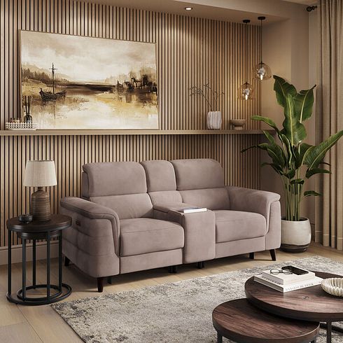 Cassius 2 Seater Power Recliner Console Sofa with Smart Screen and Speakers in Dexter Nutmeg Fabric