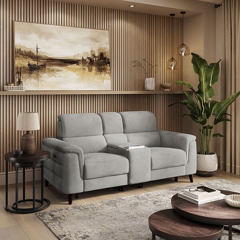 Cassius 2 Seater Power Recliner Console Sofa with Smart Screen and Speakers in Dexter Stone Fabric