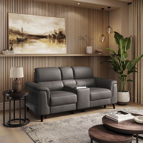 Cassius 2 Seater Power Recliner Console Sofa with Smart Screen and Speakers in Elephant Grey Leather