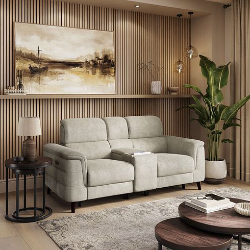 Cassius 2 Seater Power Recliner Console Sofa with Smart Screen and Speakers in Marble Cream Fabric