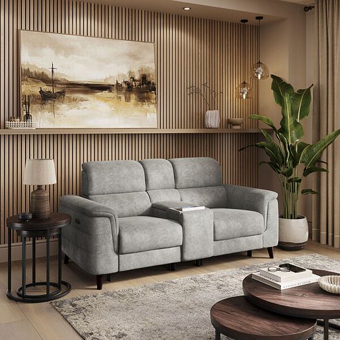 Cassius 2 Seater Power Recliner Console Sofa with Smart Screen and Speakers in Marble Mink Fabric