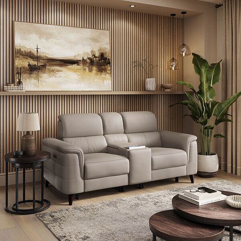 Cassius 2 Seater Power Recliner Console Sofa with Smart Screen and Speakers in Oyster Leather