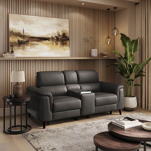 Cassius 2 Seater Power Recliner Console Sofa with Smart Screen and Speakers in Storm Leather