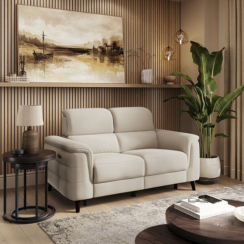 Cassius 2 Seater Power Recliner Sofa with Adjustable Power Headrests and Speakers in Bella Barley White Fabric