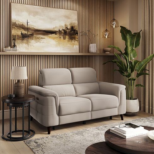 Cassius 2 Seater Power Recliner Sofa with Adjustable Power Headrests and Speakers in Bella Latte Fabric