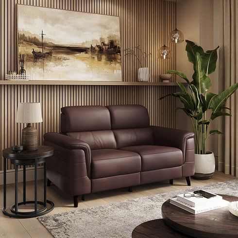 Cassius 2 Seater Power Recliner Sofa with Adjustable Power Headrests and Speakers in Chestnut Leather