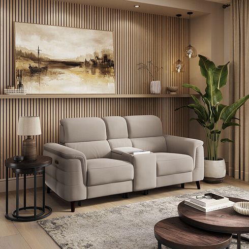 Cassius 2.5 Seater Power Recliner Console Sofa with Smart Screen and Speakers in Bella Latte Fabric
