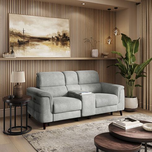Cassius 2.5 Seater Power Recliner Console Sofa with Smart Screen and Speakers in Marble Silver Fabric
