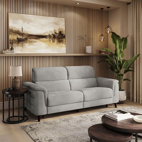 Cassius 3 Seater Power Recliner Sofa with Adjustable Power Headrests and Speakers in Dexter Stone Fabric