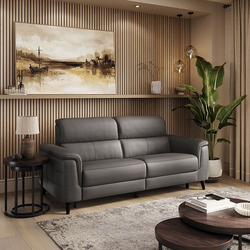 Cassius 3 Seater Power Recliner Sofa with Adjustable Power Headrests and Speakers in Elephant Grey Leather