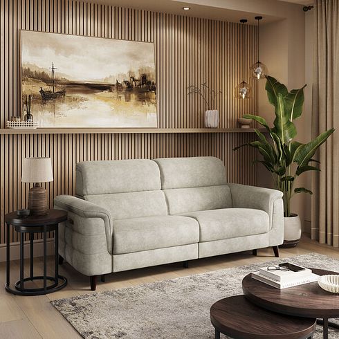 Cassius 3 Seater Power Recliner Sofa with Adjustable Power Headrests and Speakers in Marble Cream Fabric
