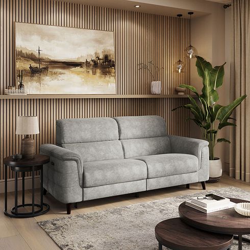 Cassius 3 Seater Power Recliner Sofa with Adjustable Power Headrests and Speakers in Marble Mink Fabric