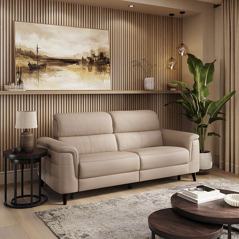 Cassius 3 Seater Power Recliner Sofa with Adjustable Power Headrests and Speakers in Mushroom Leather