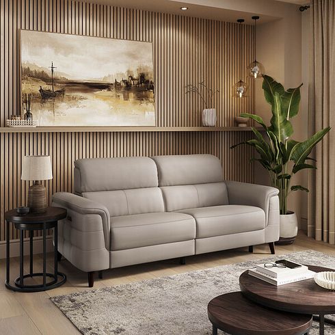 Cassius 3 Seater Power Recliner Sofa with Adjustable Power Headrests and Speakers in Oyster Leather