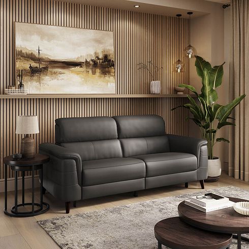 Cassius 3 Seater Power Recliner Sofa with Adjustable Power Headrests and Speakers in Storm Leather