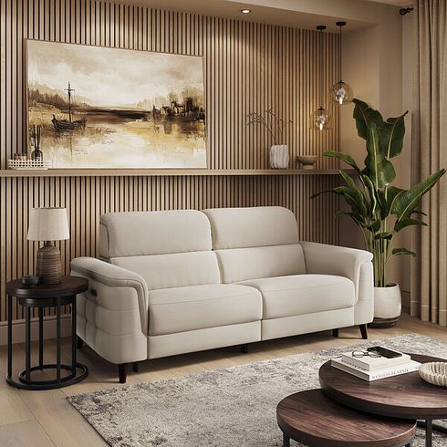 Cassius 3 Seater Power Recliner Sofa with Adjustable Power Headrests in Bella Barley White Fabric