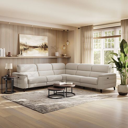 Cassius Large Corner Electric Recliner Sofa in Bella Barley White Fabric