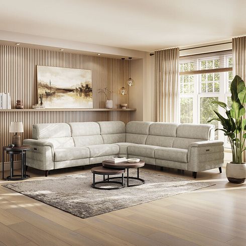 Cassius Large Corner Electric Recliner Sofa with Adjustable Power Headrests in Marble Cream Fabric