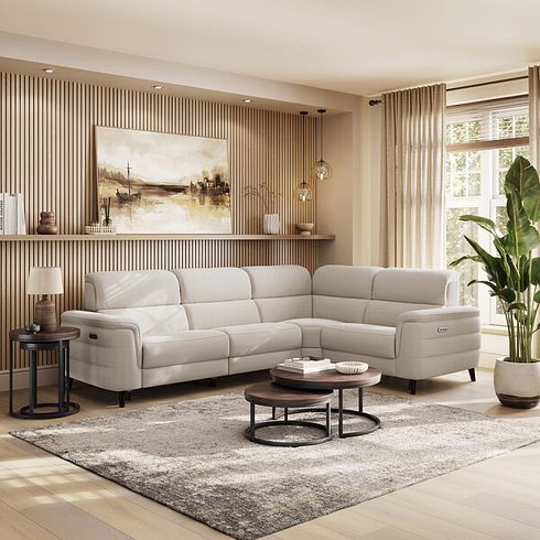 Cassius Left hand Corner Electric Recliner Sofa with Adjustable Power Headrests in Bella Barley White Fabric