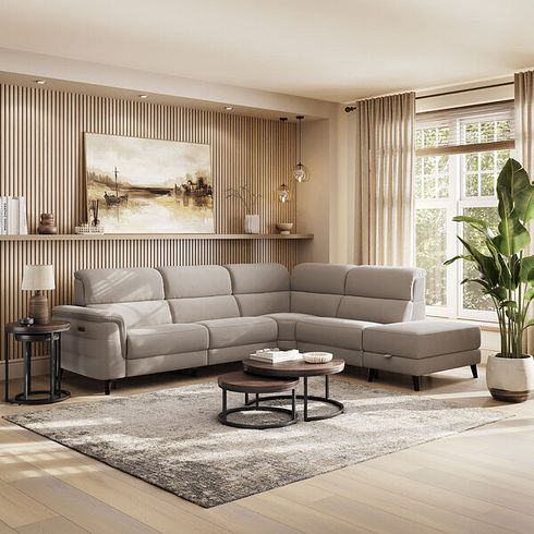 Cassius Left hand Corner Electric Recliner Sofa with Storage Chaise and Power Headrests in Bella Latte Fabric