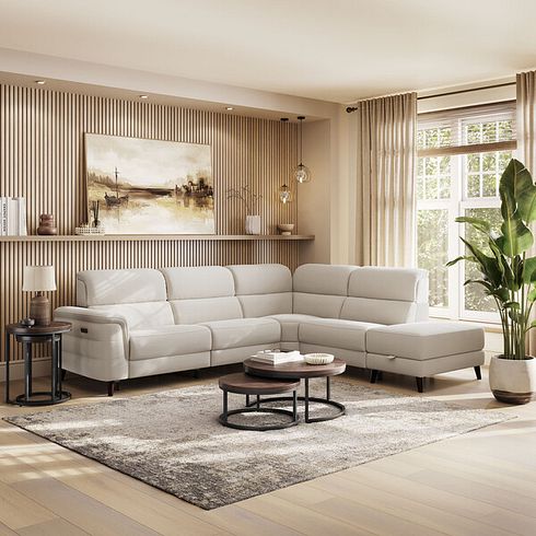 Cassius Left hand Corner Electric Recliner Sofa with Storage Chaise in Bella Barley White Fabric