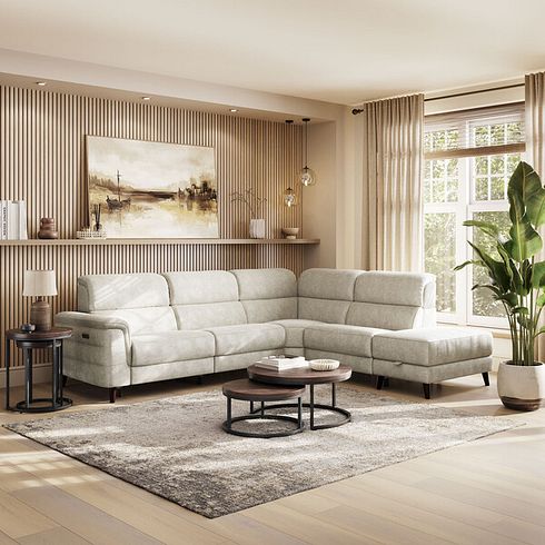 Cassius Left hand Corner Electric Recliner Sofa with Storage Chaise in Marble Cream Fabric