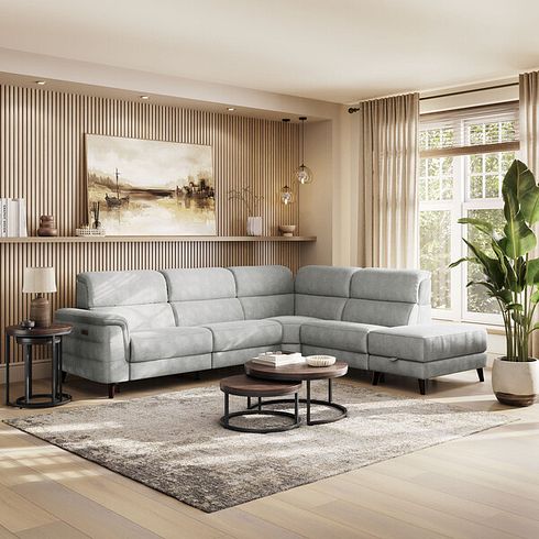 Cassius Left hand Corner Electric Recliner Sofa with Storage Chaise in Marble Silver Fabric