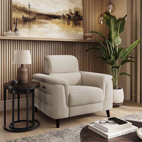 Cassius Power Recliner Armchair with Adjustable Power Headrest and Speakers in Bella Barley White Fabric
