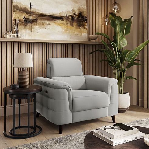Cassius Power Recliner Armchair with Adjustable Power Headrest and Speakers in Bella Lead Grey Fabric