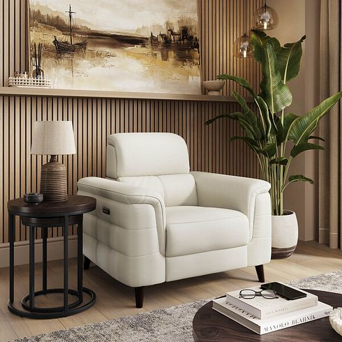 Cassius Power Recliner Armchair with Adjustable Power Headrest and Speakers in Bone China Leather