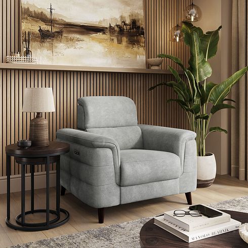 Cassius Power Recliner Armchair with Adjustable Power Headrest and Speakers in Marble Silver Fabric