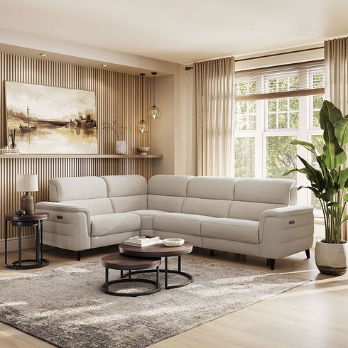 Cassius Right hand Corner Electric Recliner Sofa with Adjustable Power Headrests in Bella Barley White Fabric
