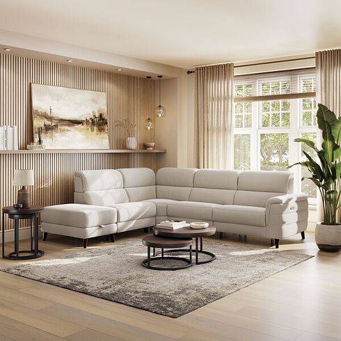 Cassius Right hand Corner Electric Recliner Sofa with Storage Chaise and Power Headrests in Bella Barley White Fabric