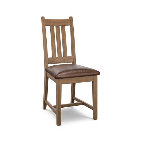 Classic Antique Finish Oak Chair with Vintage Brown Leather Look Seat