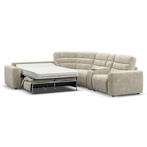 Cohen Large Corner Electric Recliner with Left Hand Sofa Bed and Console in Plush Beige Fabric