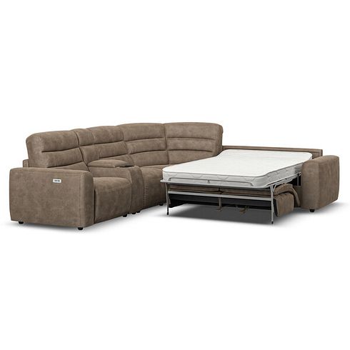 Cohen Large Corner Electric Recliner with Right Hand Sofa Bed and Console in Miller Earth Brown Fabric