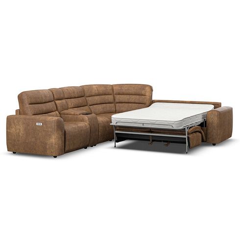 Cohen Large Corner Electric Recliner with Right Hand Sofa Bed and Console in Ranch Brown Fabric