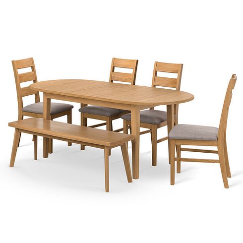 Corton Extending Dining Table With 4 Linear Natural Chairs in Dappled Beige and 1 Oaklee Bench