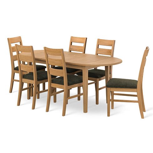 Corton Natural Extending Dining Table and 6 Linear Natural Oak Chair with Verona Green Fabric
