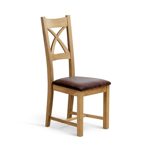 Cross Back Natural Solid Oak Chair with Vintage Brown Leather Look Fabric Seat